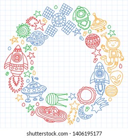 Vector pattern with space icons, planets, spaceships, stars, comets, rockets, space shuttle, flying saucers.