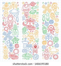 Vector pattern with space icons, planets, spaceships, stars, comets, rockets, space shuttle, flying saucers.