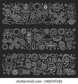 Vector pattern with space icons, planets, spaceships, stars, comets, rockets, space shuttle, flying saucers.