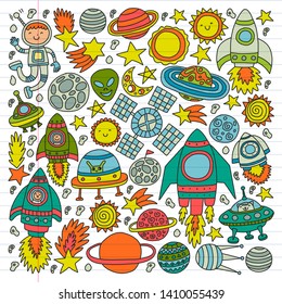 Vector pattern with space icons, planets, spaceships, stars, comets, rockets, space shuttle, flying saucers.