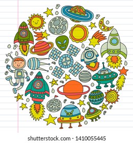 Vector pattern with space icons, planets, spaceships, stars, comets, rockets, space shuttle, flying saucers.