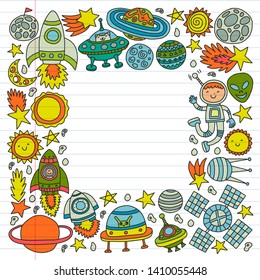 Vector pattern with space icons, planets, spaceships, stars, comets, rockets, space shuttle, flying saucers.