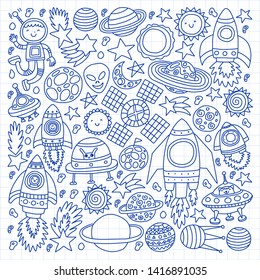 Vector pattern with space icons, planets, spaceships, stars, comets, rockets, space shuttle, flying saucers.