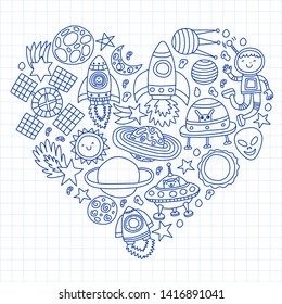 Vector pattern with space icons, planets, spaceships, stars, comets, rockets, space shuttle, flying saucers.