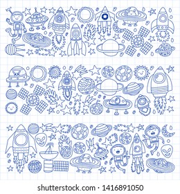 Vector pattern with space icons, planets, spaceships, stars, comets, rockets, space shuttle, flying saucers.
