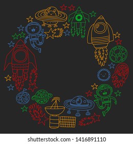 Vector pattern with space icons, planets, spaceships, stars, comets, rockets, space shuttle, flying saucers.