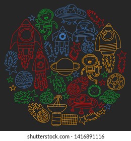 Vector pattern with space icons, planets, spaceships, stars, comets, rockets, space shuttle, flying saucers.