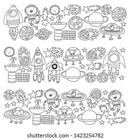 Vector pattern with space icons, planets, spaceships, stars, comets, rockets, space shuttle, flying saucers.