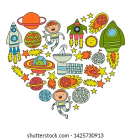 Vector pattern with space icons, planets, spaceships, stars, comets, rockets, space shuttle, flying saucers.
