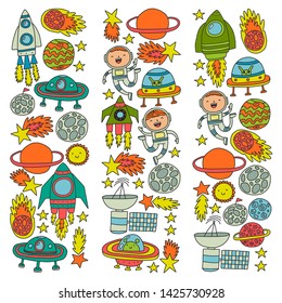 Vector pattern with space icons, planets, spaceships, stars, comets, rockets, space shuttle, flying saucers.