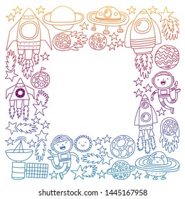Vector pattern with space icons, planets, spaceships, stars, comets, rockets, space shuttle, flying saucers.