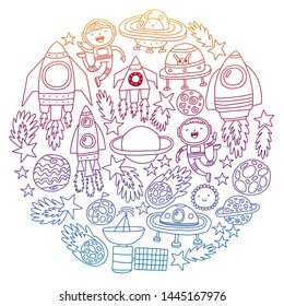 Vector pattern with space icons, planets, spaceships, stars, comets, rockets, space shuttle, flying saucers.