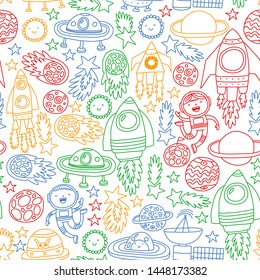 Vector pattern with space icons, planets, spaceships, stars, comets, rockets, space shuttle, flying saucers.