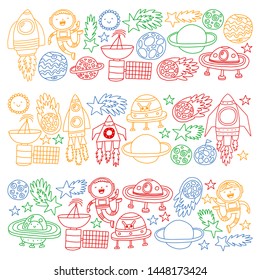Vector pattern with space icons, planets, spaceships, stars, comets, rockets, space shuttle, flying saucers.