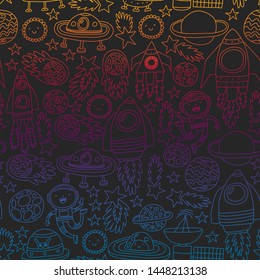 Vector pattern with space icons, planets, spaceships, stars, comets, rockets, space shuttle, flying saucers.