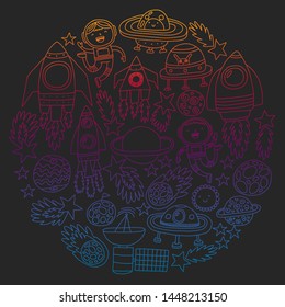 Vector pattern with space icons, planets, spaceships, stars, comets, rockets, space shuttle, flying saucers.