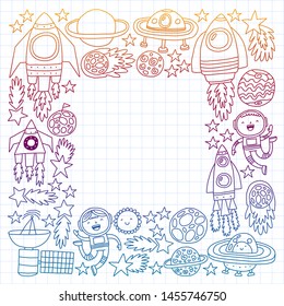 Vector pattern with space icons, planets, spaceships, stars, comets, rockets, space shuttle, flying saucers.