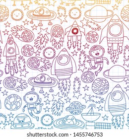 Vector pattern with space icons, planets, spaceships, stars, comets, rockets, space shuttle, flying saucers.