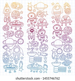 Vector pattern with space icons, planets, spaceships, stars, comets, rockets, space shuttle, flying saucers.