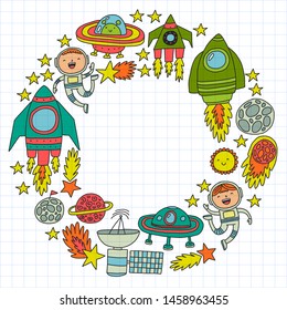 Vector pattern with space icons, planets, spaceships, stars, comets, rockets, space shuttle, flying saucers.