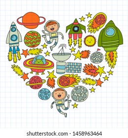 Vector pattern with space icons, planets, spaceships, stars, comets, rockets, space shuttle, flying saucers.