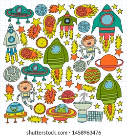 Vector pattern with space icons, planets, spaceships, stars, comets, rockets, space shuttle, flying saucers.