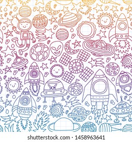 Vector pattern with space icons, planets, spaceships, stars, comets, rockets, space shuttle, flying saucers.