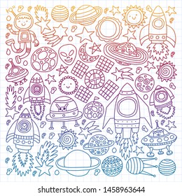 Vector pattern with space icons, planets, spaceships, stars, comets, rockets, space shuttle, flying saucers.