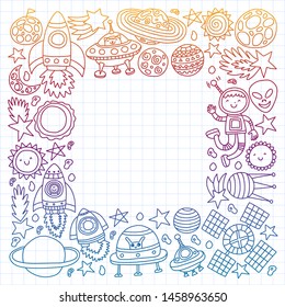 Vector pattern with space icons, planets, spaceships, stars, comets, rockets, space shuttle, flying saucers.
