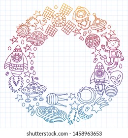 Vector pattern with space icons, planets, spaceships, stars, comets, rockets, space shuttle, flying saucers.