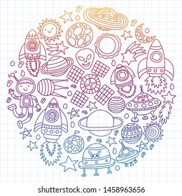 Vector pattern with space icons, planets, spaceships, stars, comets, rockets, space shuttle, flying saucers.