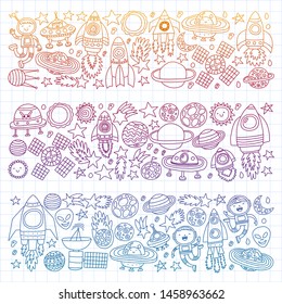Vector pattern with space icons, planets, spaceships, stars, comets, rockets, space shuttle, flying saucers.