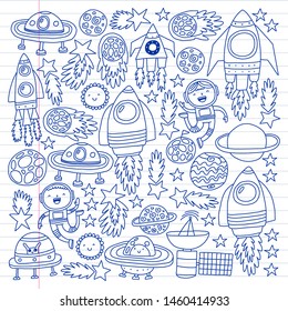 Vector pattern with space icons, planets, spaceships, stars, comets, rockets, space shuttle, flying saucers.