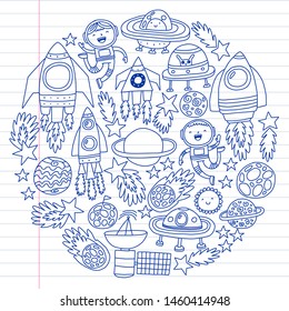 Vector pattern with space icons, planets, spaceships, stars, comets, rockets, space shuttle, flying saucers.