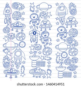 Vector pattern with space icons, planets, spaceships, stars, comets, rockets, space shuttle, flying saucers.