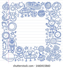 Vector pattern with space icons, planets, spaceships, stars, comets, rockets, space shuttle, flying saucers.