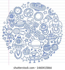 Vector pattern with space icons, planets, spaceships, stars, comets, rockets, space shuttle, flying saucers.
