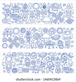 Vector pattern with space icons, planets, spaceships, stars, comets, rockets, space shuttle, flying saucers.