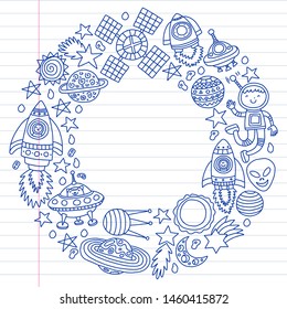 Vector pattern with space icons, planets, spaceships, stars, comets, rockets, space shuttle, flying saucers.