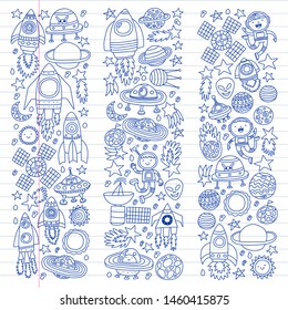 Vector pattern with space icons, planets, spaceships, stars, comets, rockets, space shuttle, flying saucers.