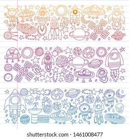Vector pattern with space icons, planets, spaceships, stars, comets, rockets, space shuttle, flying saucers.