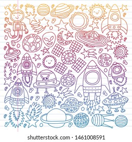 Vector pattern with space icons, planets, spaceships, stars, comets, rockets, space shuttle, flying saucers.