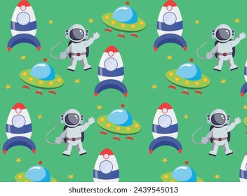 Vector pattern of Spaceships in space and an astronaut. Space Exploration Day.