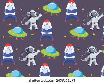 Vector pattern of Spaceships in space and an astronaut. Space Exploration Day.