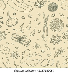 Vector pattern, spices and seasonings, line art on a beige background