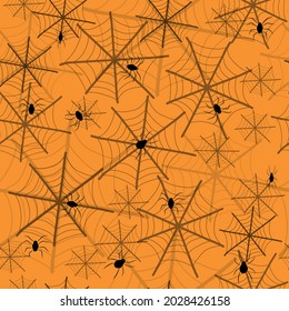 vector pattern spider web with spiders on orange background for halloween holiday, spooky scary pattern for print on fabric and design