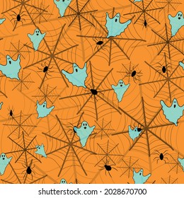 vector pattern spider web with spiders and scary ghosts on orange background for halloween holiday, spooky pattern for print on fabric and design