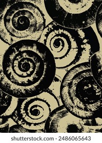 Vector pattern Spiral Shells, Grunge effect, black and beige color, allover print, nature textures