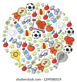 Vector pattern with sport elements. Fitness, games, exercises.