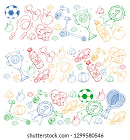 Vector pattern with sport elements. Fitness, games, exercises.
